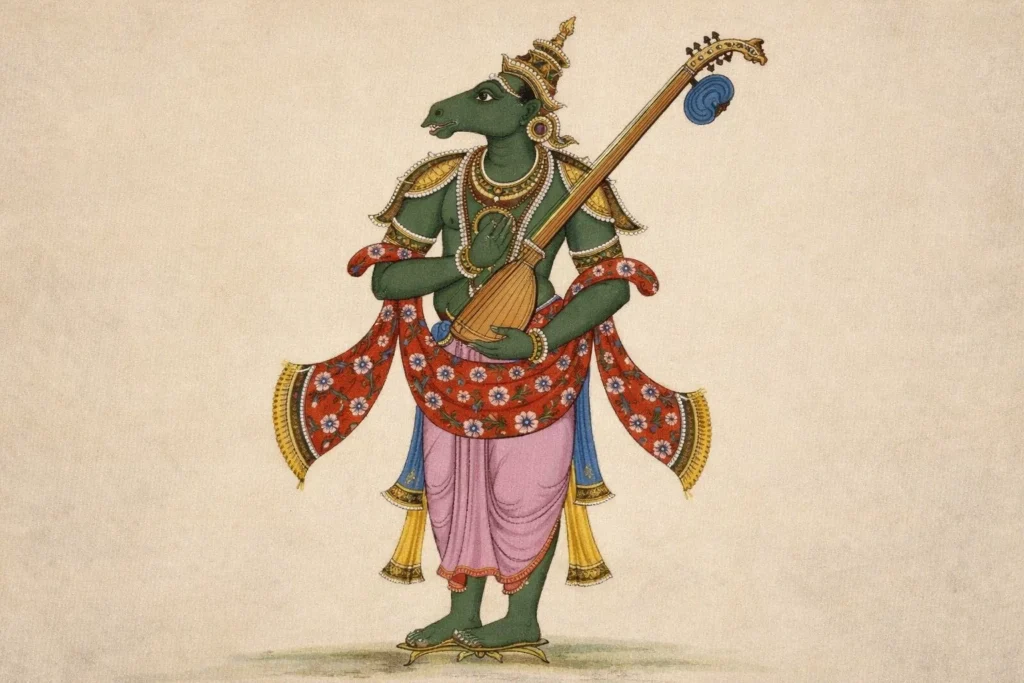 Horse-headed green celestial musician playing a stringed instrument.
