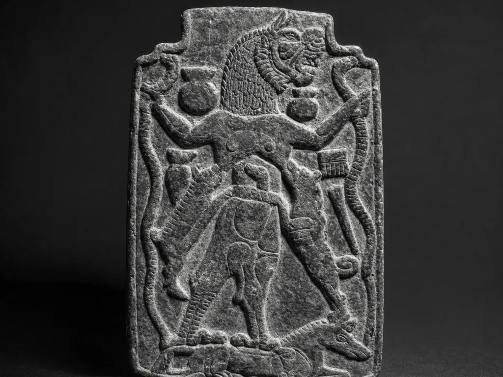 Detailed relief of the female demon Lamashtu nursing a pig and a dog while holding snakes.