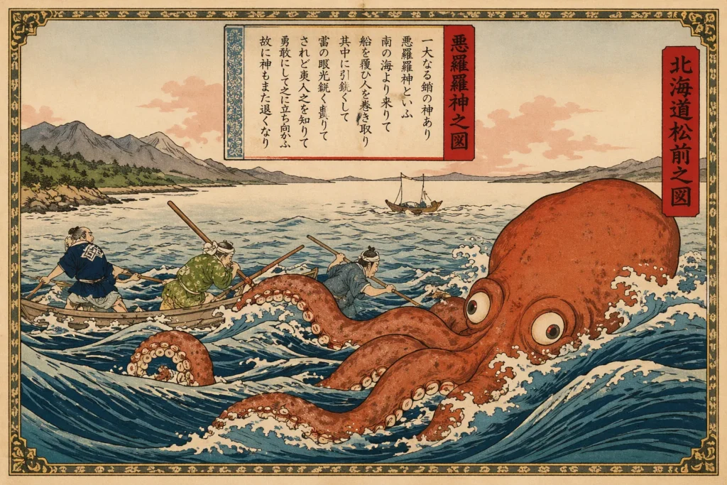 Traditional illustration of the Akkorokamui surfacing in a Japanese bay near sailors.