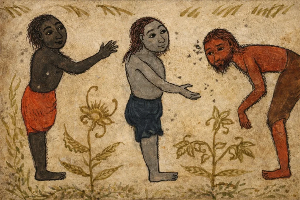 A colorful, medieval-style manuscript drawing of three different colored bisected humanoids among stylized plants.
