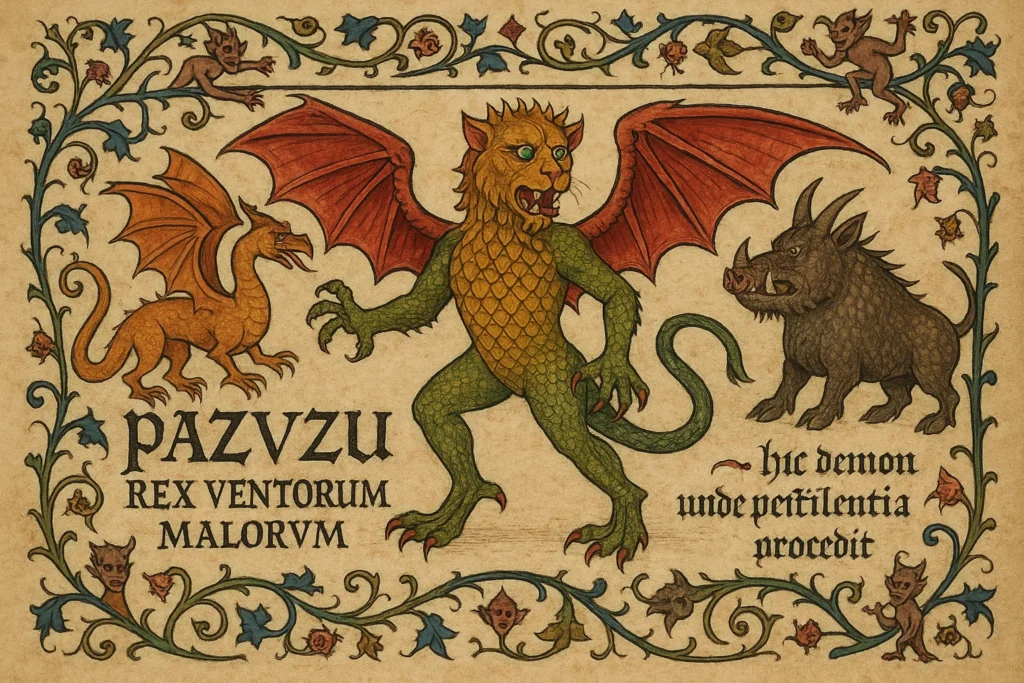 a late medieval manuscript style, Pazuzu appears beside mythical beasts in a bestiary layout