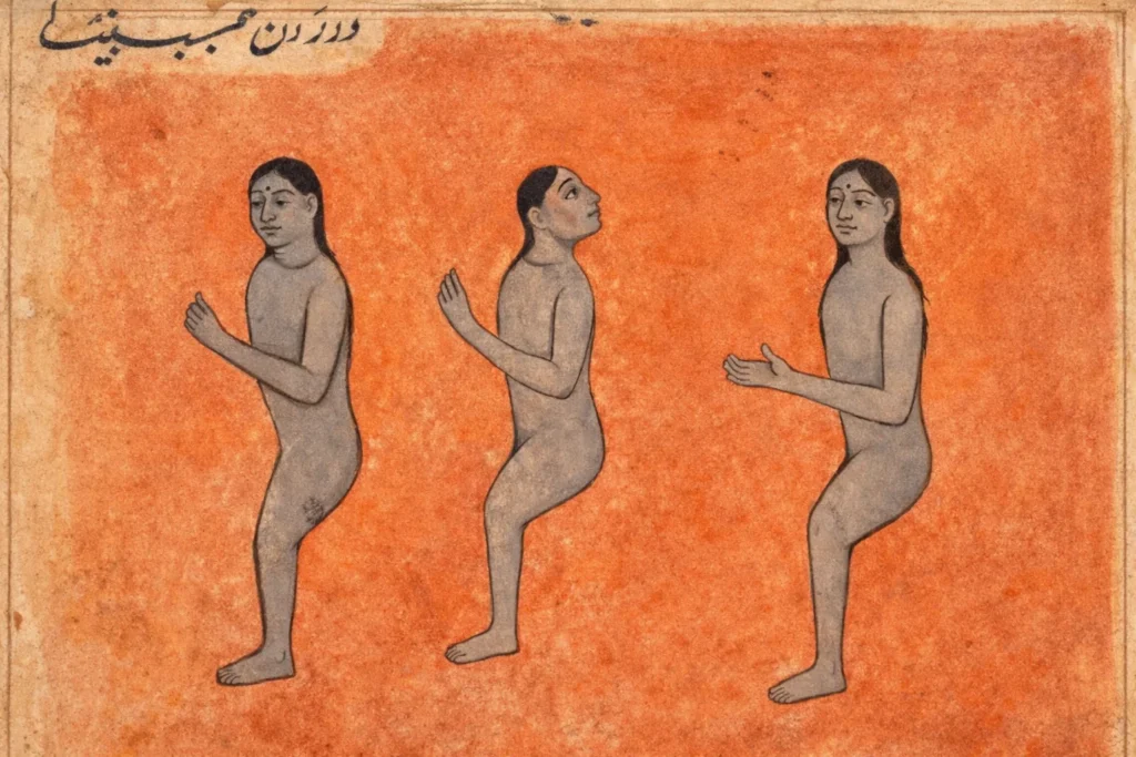 A sequence of three bisected humanoid figures in an 18th-century Indian miniature style on an orange background.