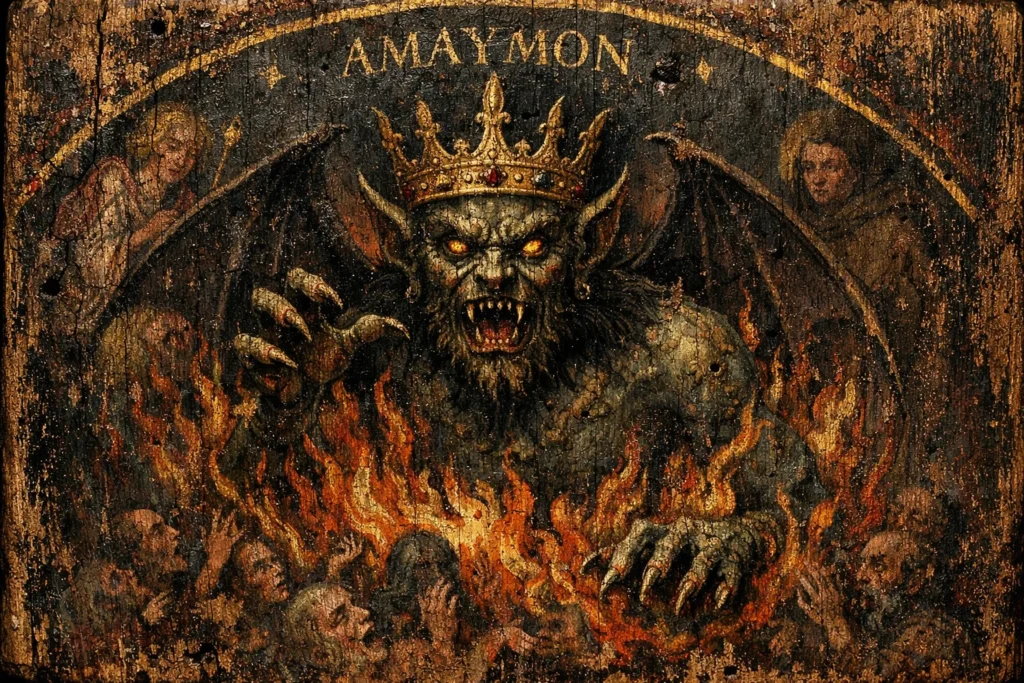 A medieval European woodcut illustration of the demon Amaymon, depicted as a crowned infernal king of the East