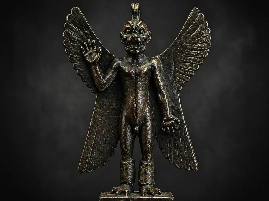 Bronze statue of Pazuzu with right hand raised in a protective gesture and four wings spread.