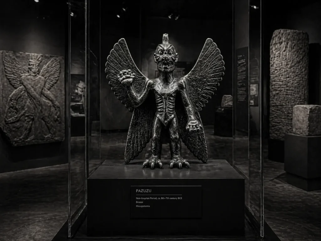 Full-body bronze statue of Pazuzu displayed in a glass case at a museum.
