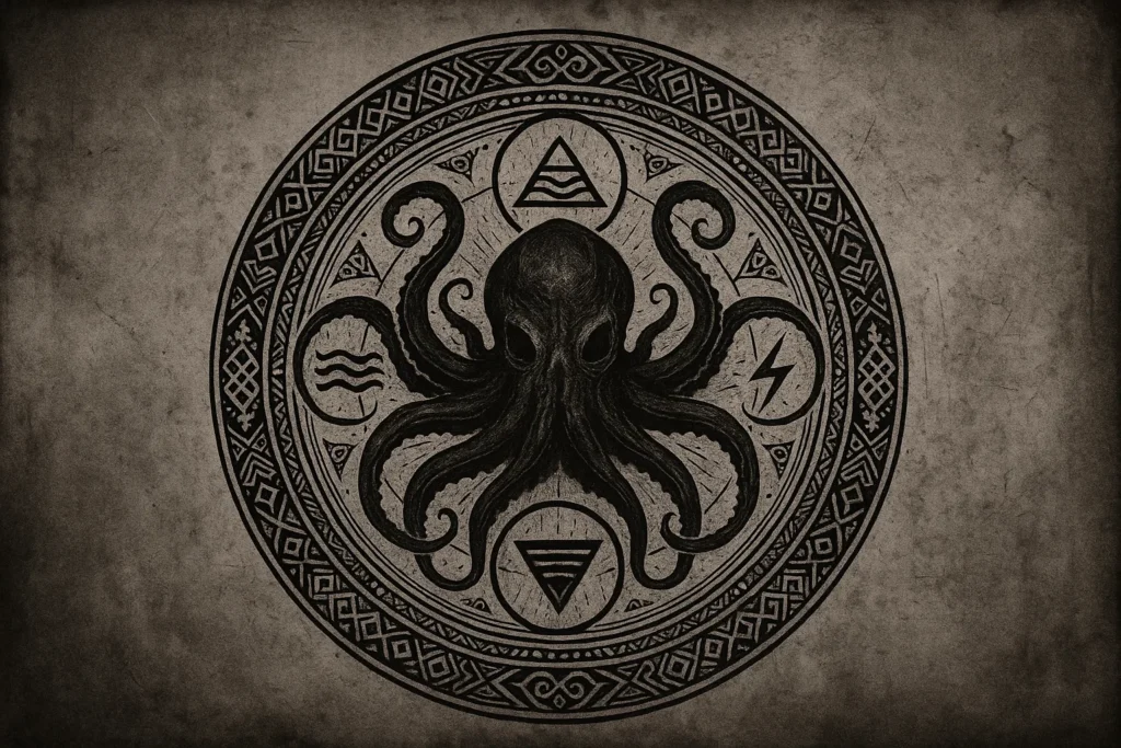 a circular magical seal representing the Akkorokamui