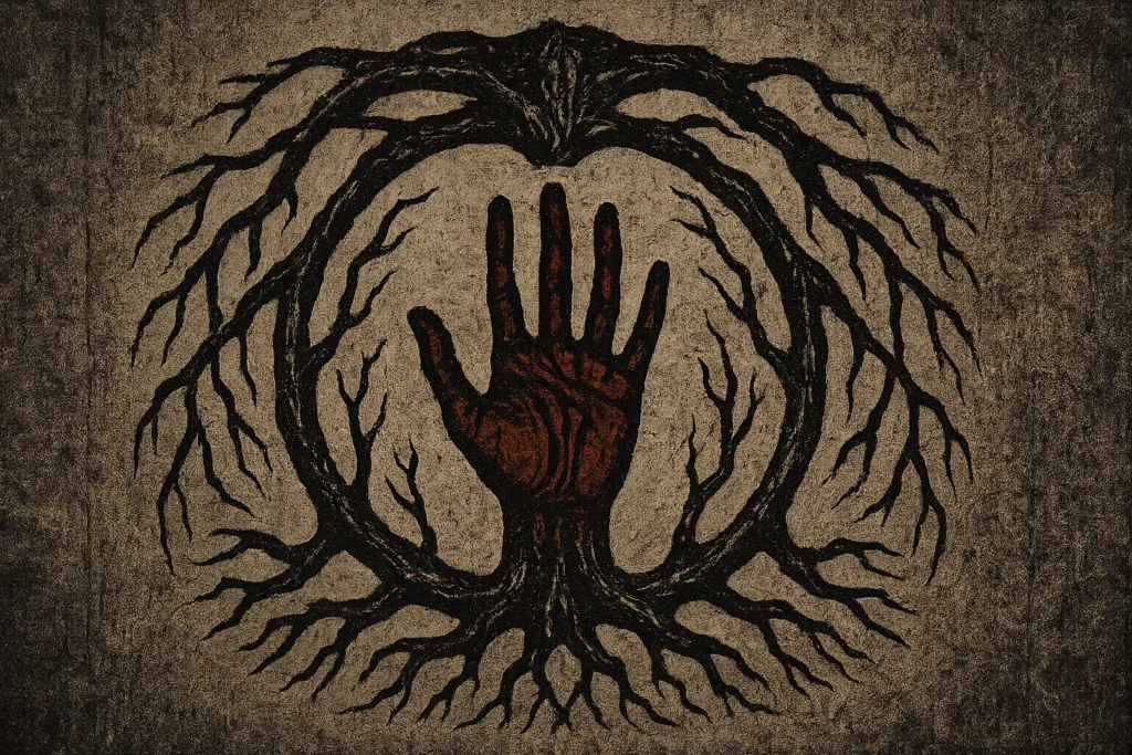 a seal shaped like an abstracted kaya tree silhouette, with its branches forming a circular frame. Within the center, incorporate a simplified crimson hand emblem