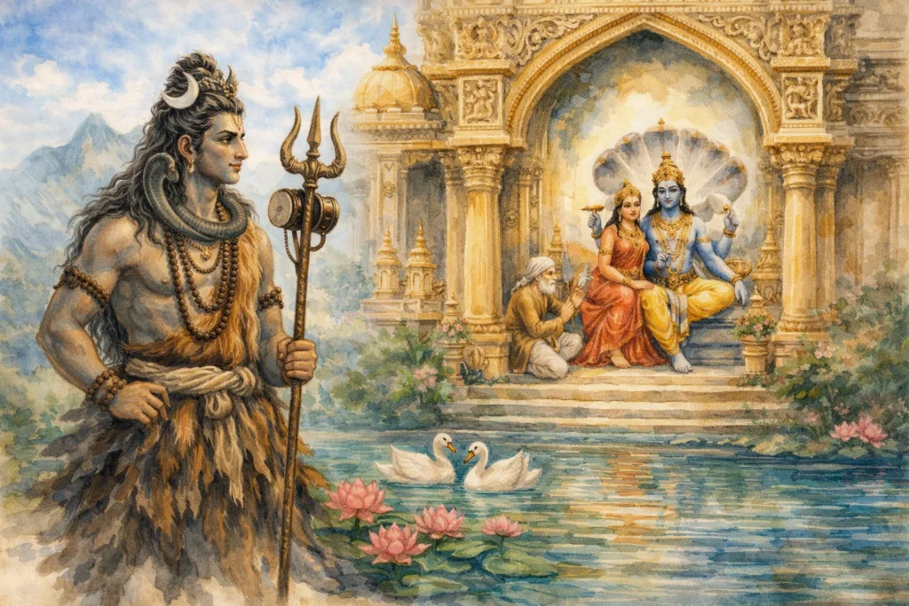 Watercolor illustration of Shiva standing with a trident near a palace where Vishnu and Lakshmi sit.