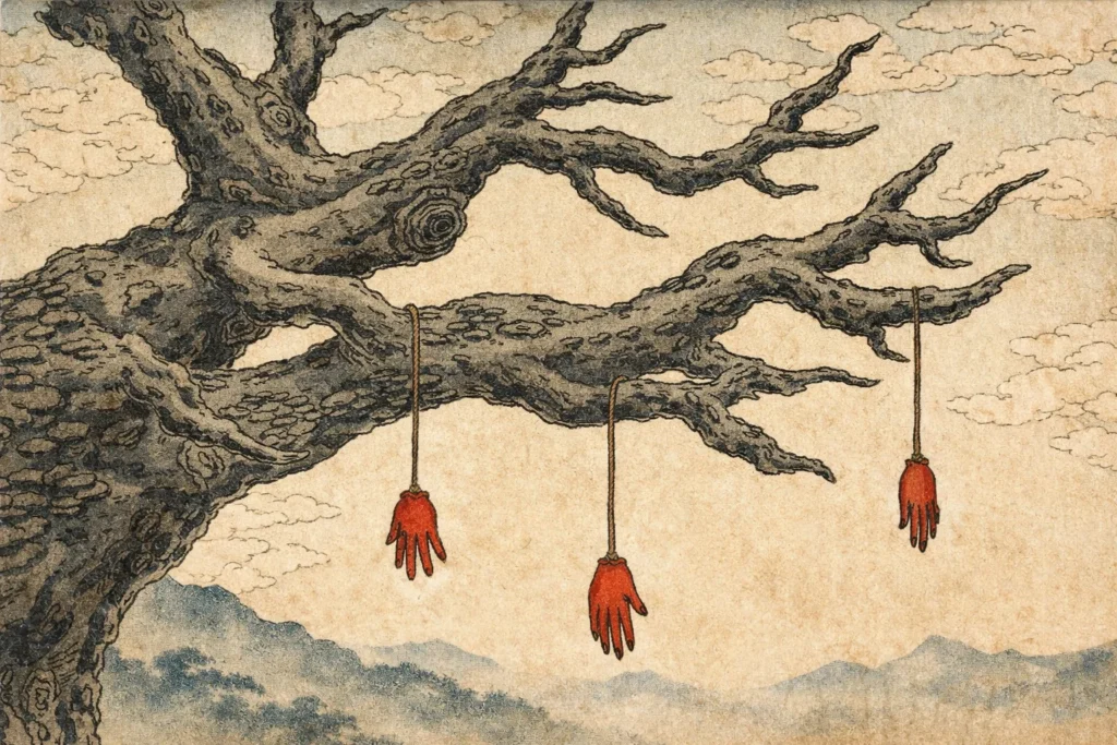 Stylized Japanese folk art of disembodied crimson hands suspended from a sacred shrine tree.