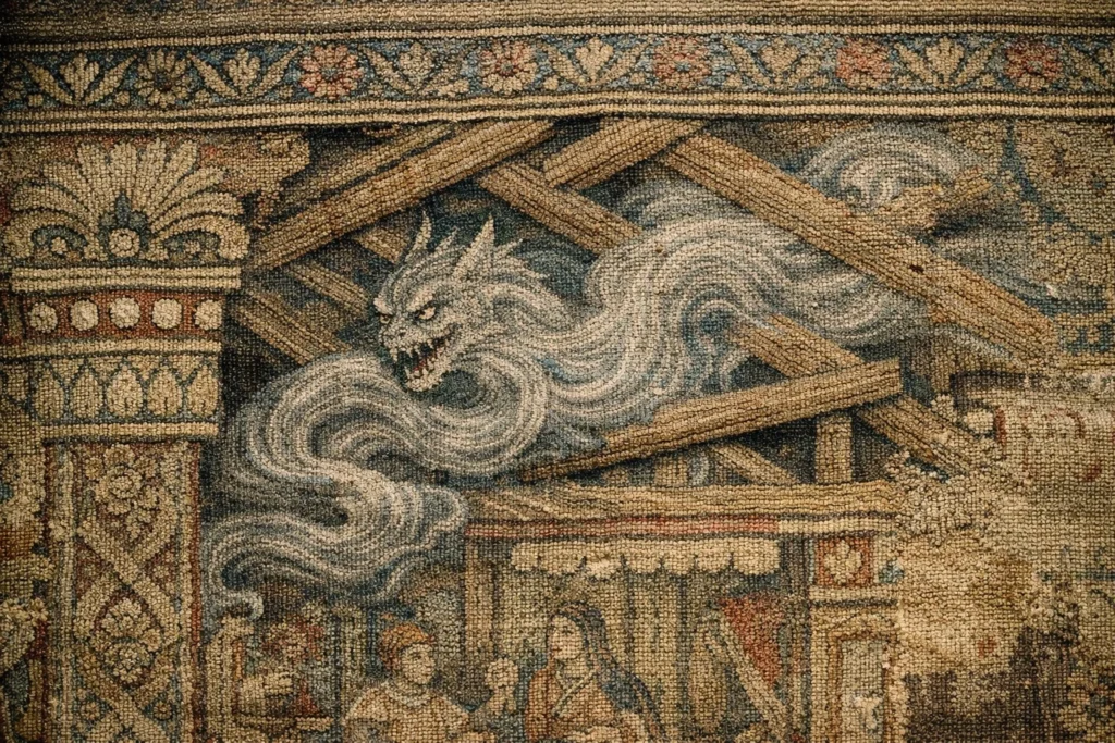 A fragment of an ancient Sassanid-style silk tapestry, showing a Hinn entity weaving through the rafters of a human dwelling like a grey vapor