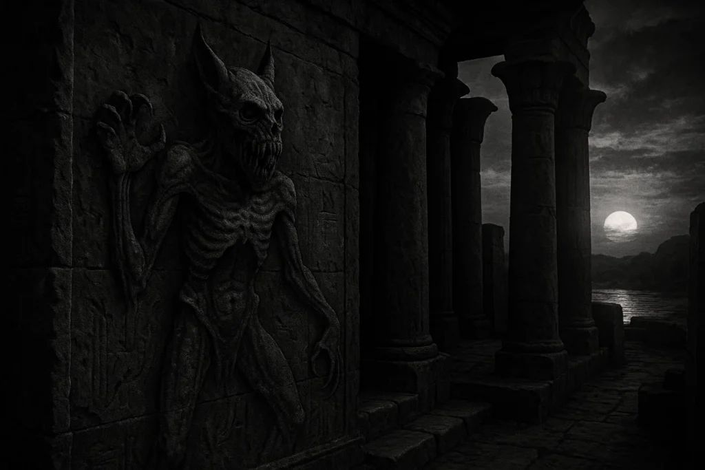 A temple ruin along the Nile at twilight, where eroded reliefs on stone walls depict a monstrous hybrid form believed to be Setcheh.