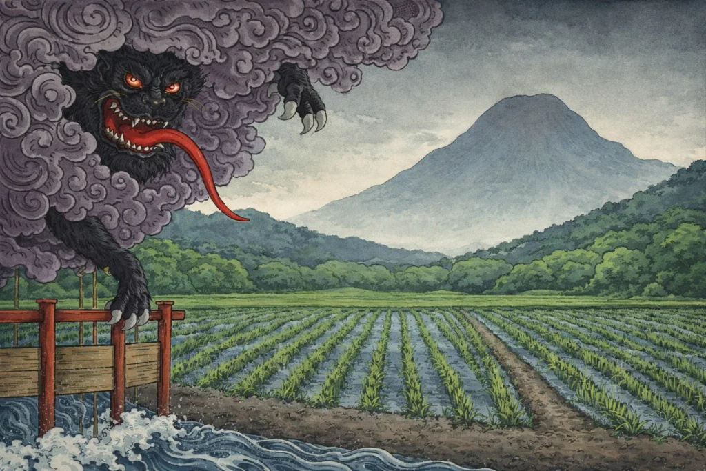 A dark, furry yōkai with glowing eyes and a red tongue perched on a red gate overlooking a lush rice field and a distant mountain.