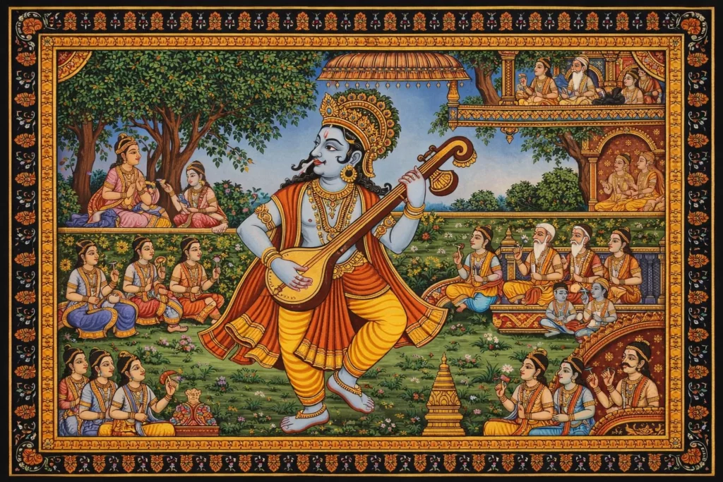 Central blue-toned celestial musician surrounded by a divine audience