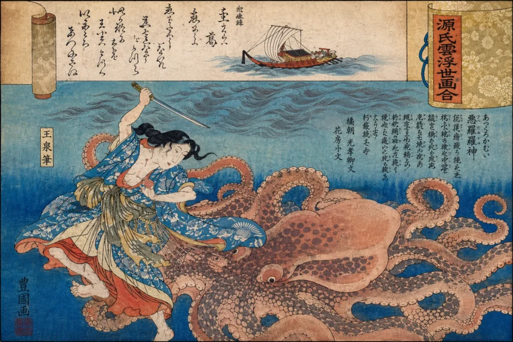 Samurai warrior with sword fighting Akkorokamui in stylized blue waves.