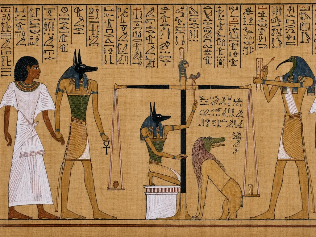 Scene of judgment from the Book of the Dead featuring Ammit the Devourer waiting by the scales of justice.