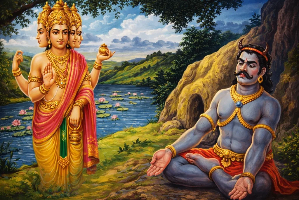 Illustration of Brahma appearing before Tarakasura during his intense forest penance.