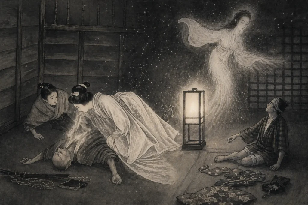 Yuki Onna leaning over a man to blow freezing mist into his face.