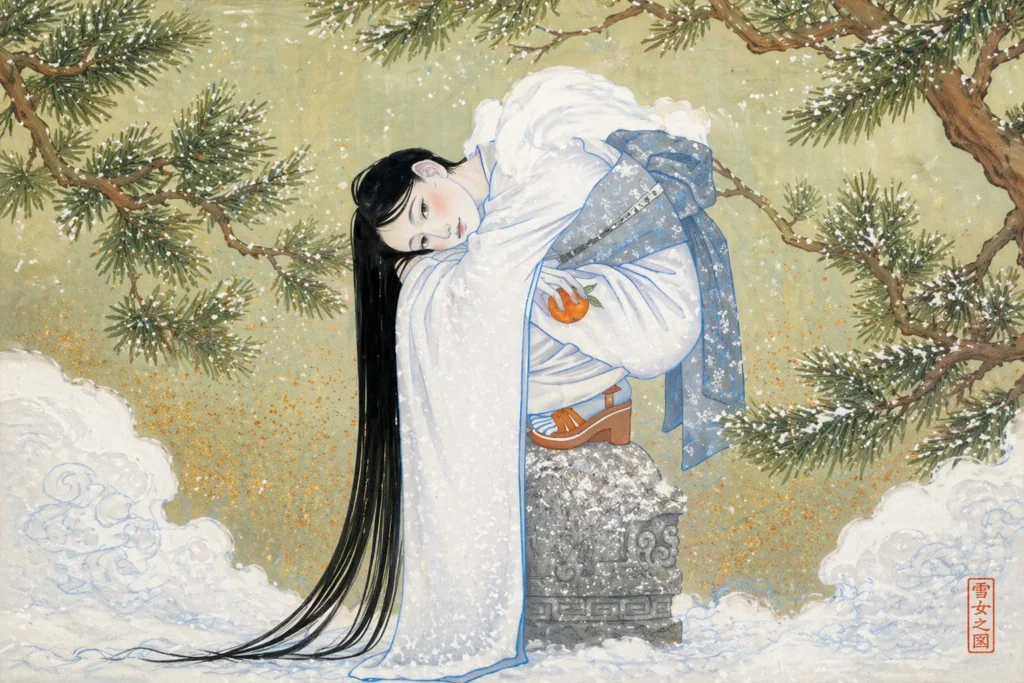 A woman in a white and blue kimono crouching on a stone lantern with an orange.