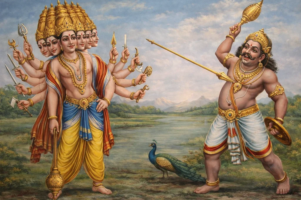 Iconographic battle scene between Lord Kartikeya and the Daitya King Tarakasura.