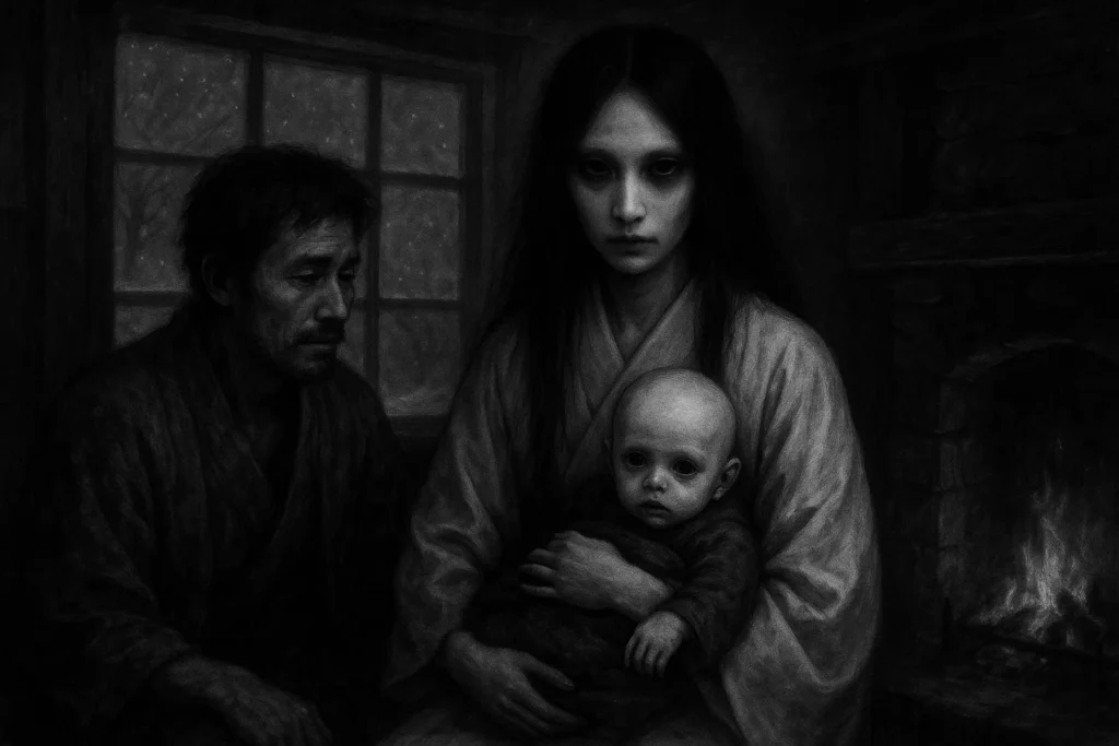 O-Yuki holding a child with unnatural white skin, her appearance perfectly beautiful yet slightly unsettling