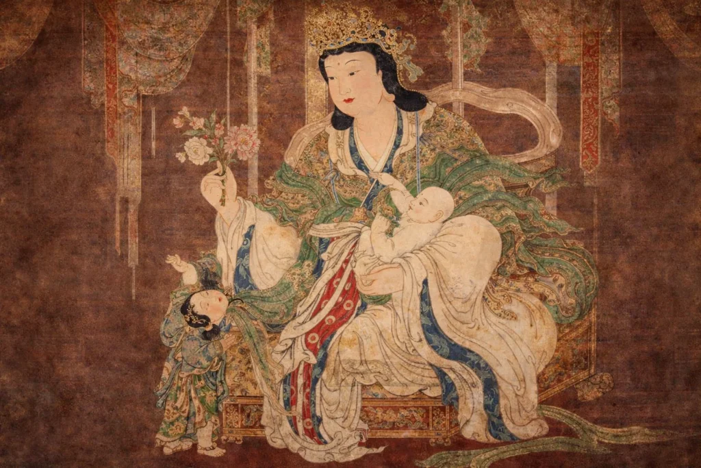 A Sinicized depiction of Hariti as a Buddhist empress surrounded by children.