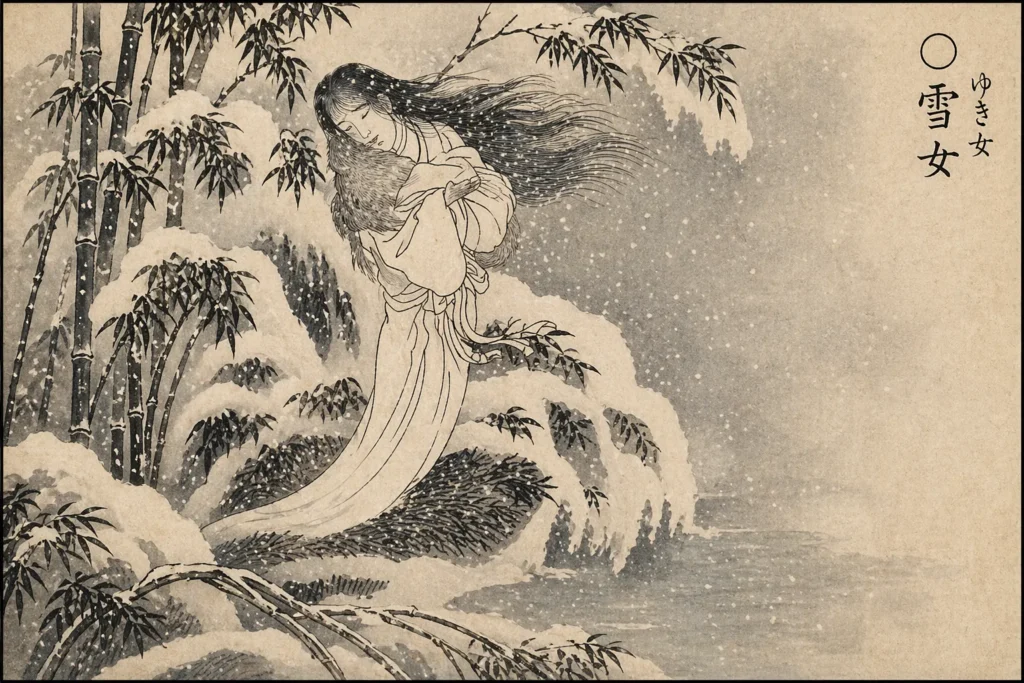 Traditional ink-style illustration of a long-haired spirit in a blizzard.