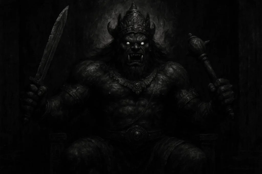 Ancient South Indian Chola-period bronze sculpture of majestic Tarakasura seated in lalitasana on lion throne