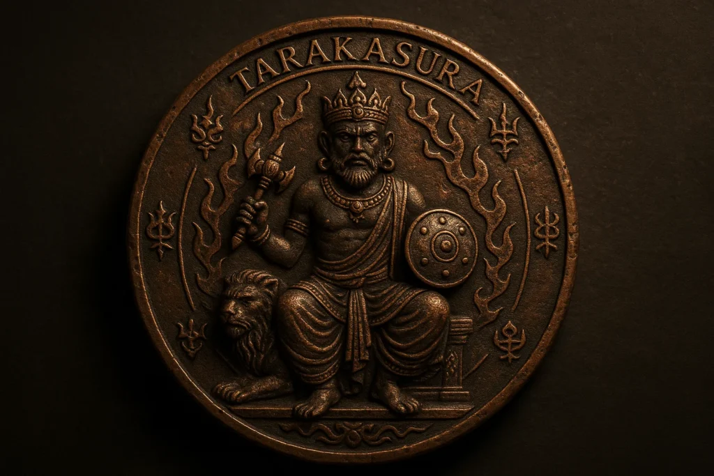 Ancient copper-colored metallic seal of Tarakasura