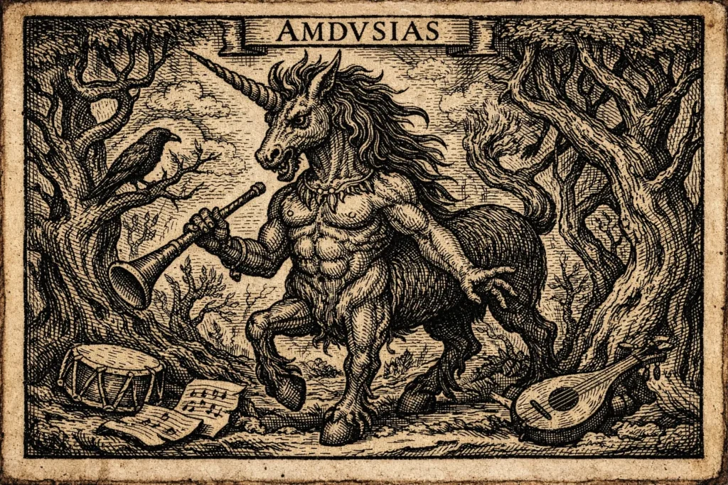 medieval European woodcut print depicting the demon Amdusias as a horned, unicorn-like entity with a humanoid torso