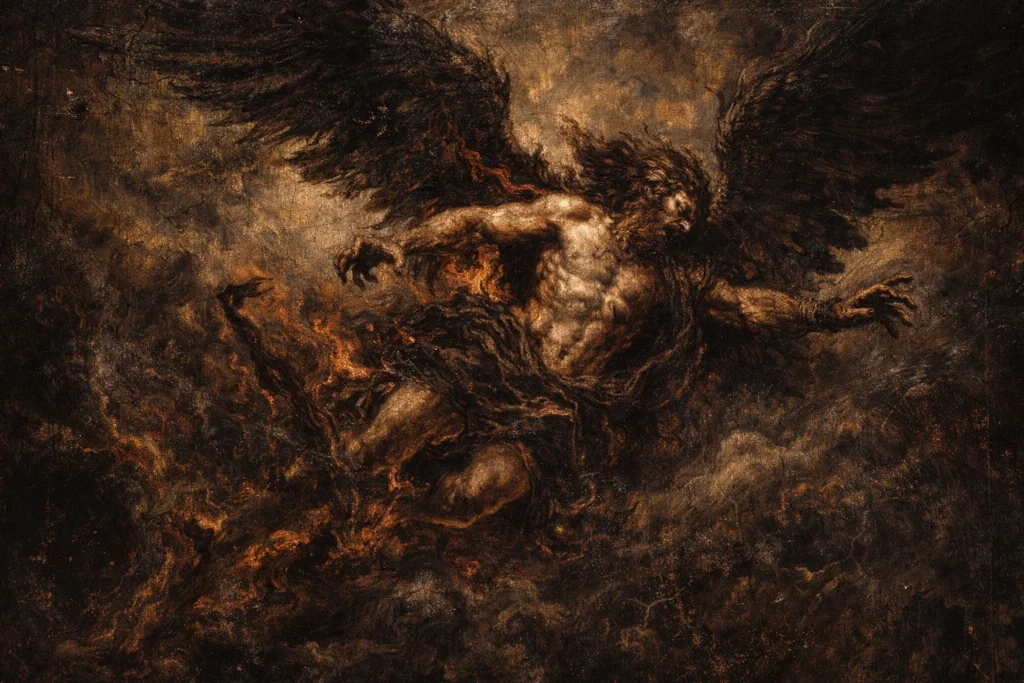 Baroque oil painting of Arioch's fall from Heaven