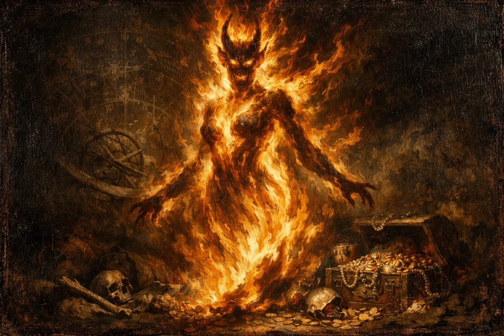 A dramatic Baroque oil painting of the demon Amy depicted as a luminous infernal flame taking human shape