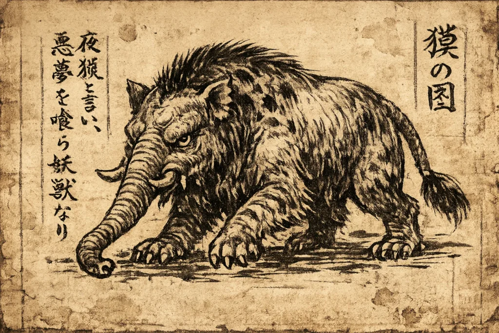 An ancient Chinese-style manuscript page depicting the Baku in pre-medieval ink illustration style