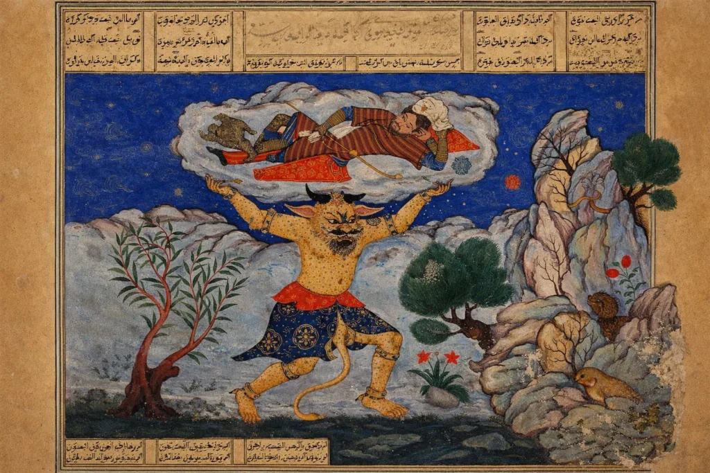 1. Artistic depiction of a leopard-skin clad demon lifting a hero into the heavens.