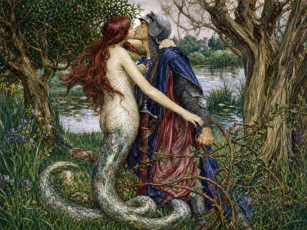 A detailed Pre-Raphaelite painting showing a knight in armor embracing the snake-tailed Lamia.