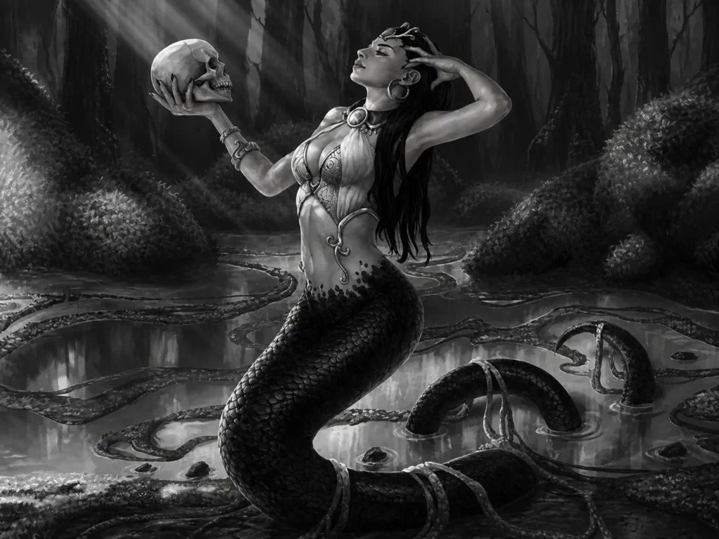 A high-contrast monochrome digital artwork of Lamia, a serpentine queen, holding a human skull.