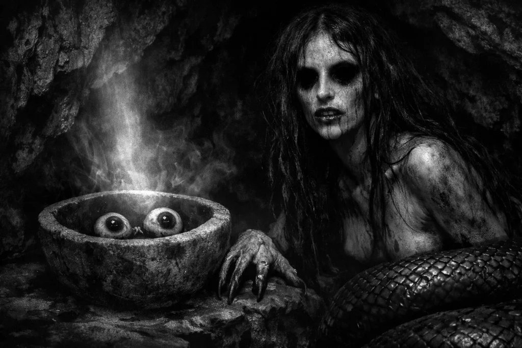 Lamia beside a stone bowl containing her eyes