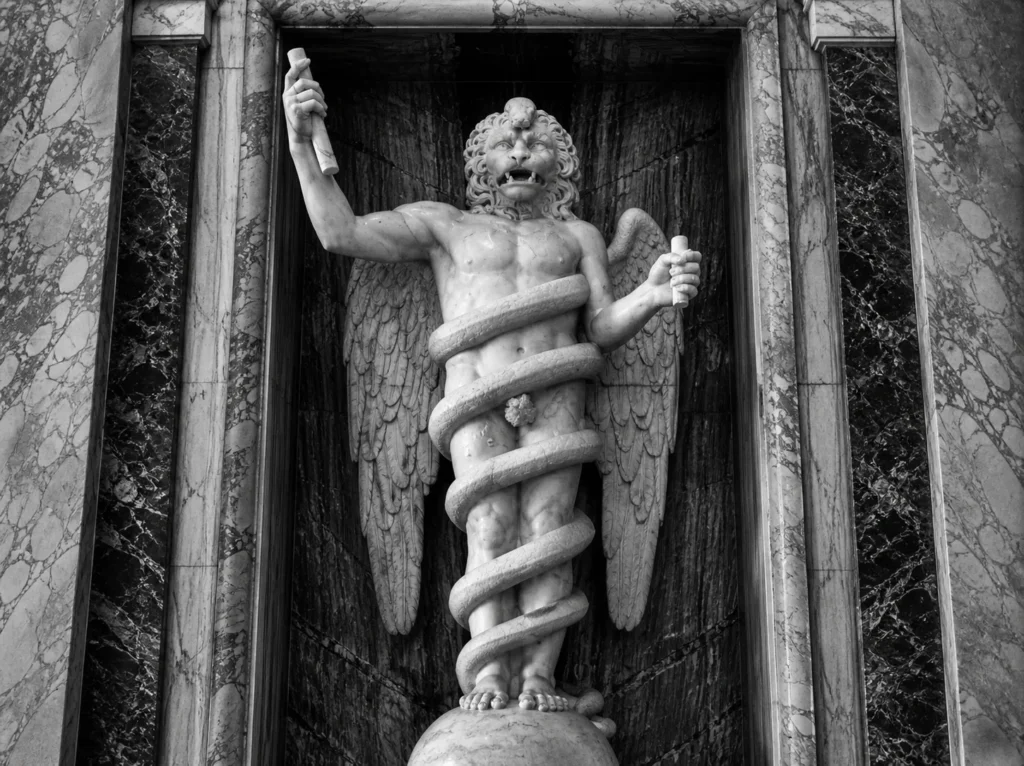 A classical marble statue of a lion-headed, winged figure entwined by a serpent, representing the mythological Aeon and the visual foundations of the Ahriman icon.