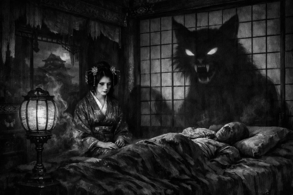 a pale concubine seated beside a sickbed while her shadow on the shōji wall clearly forms a giant cat shape