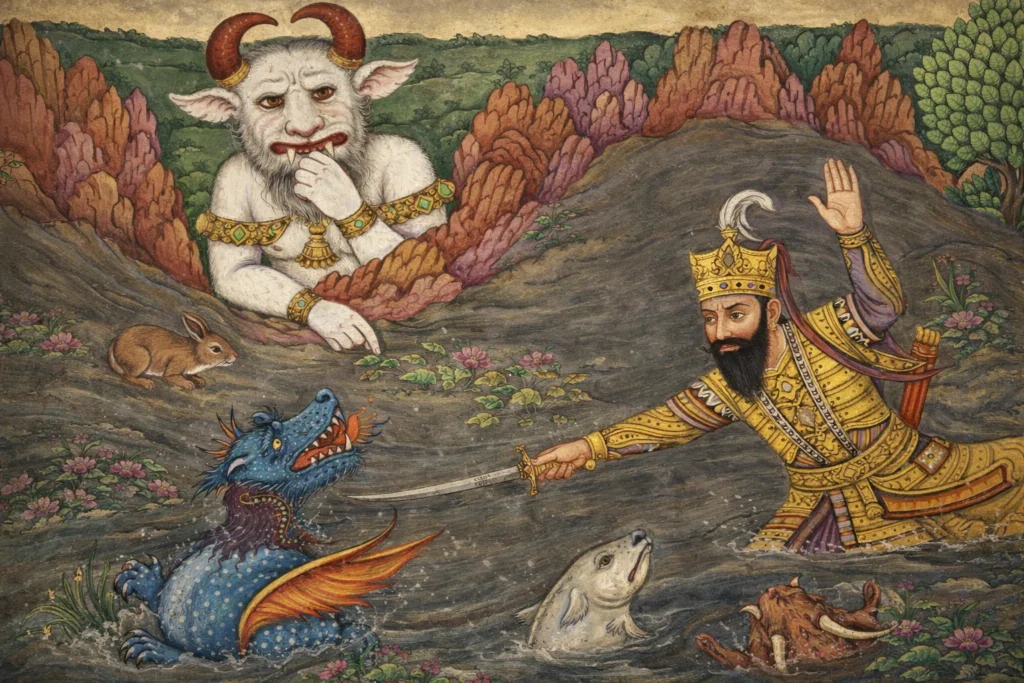 1. Hero in golden armor fighting a blue dragon while a white demon watches from the hills.