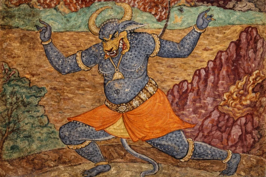Blue-spotted demon with bull horns and a bell necklace in a martial pose.