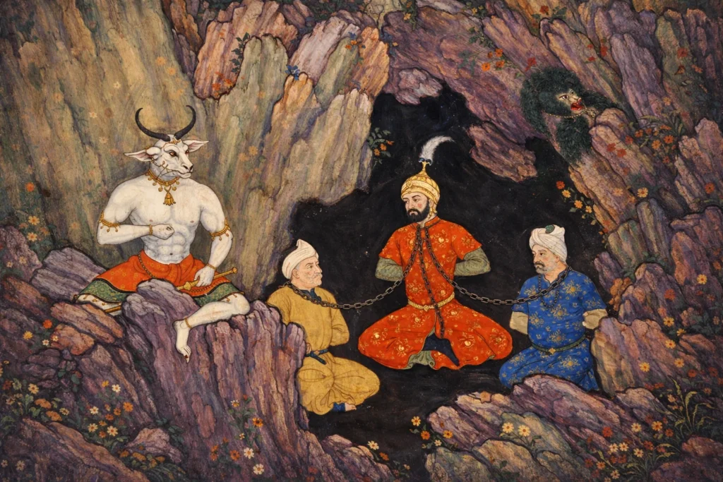 1. Bull-headed white demon guarding three chained men in a rocky cave.
