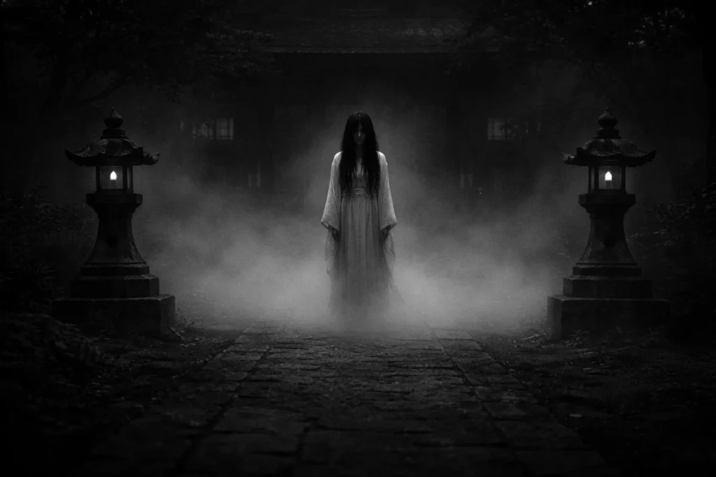 Yūrei standing at the edge of a temple courtyard