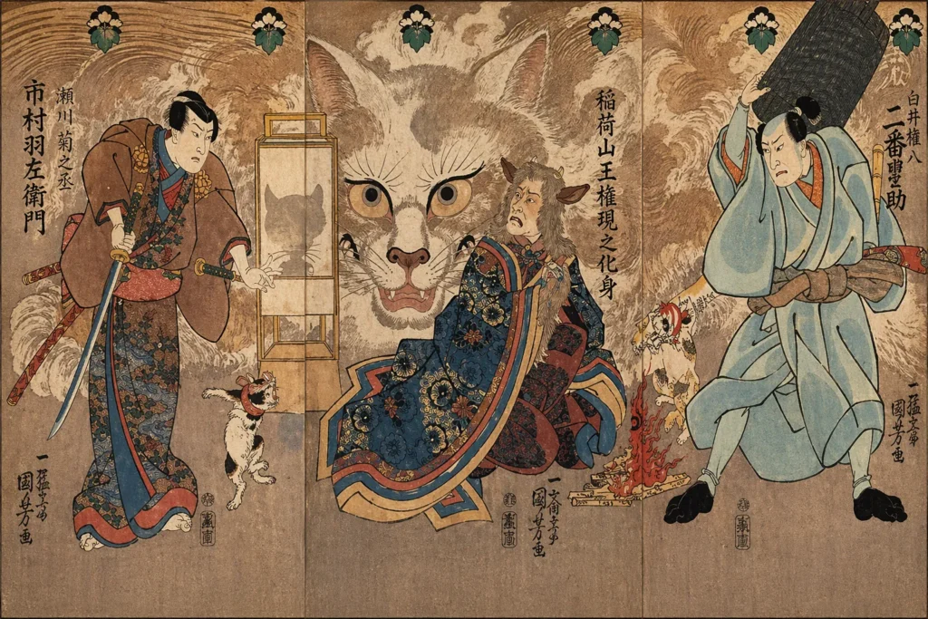 Japanese triptych showing samurai confronting a Bakeneko and its shadow in a paper lamp.