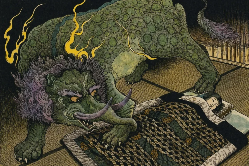 Colorful Japanese art depicting a green-furred Baku protecting a sleeping person from nightmares.