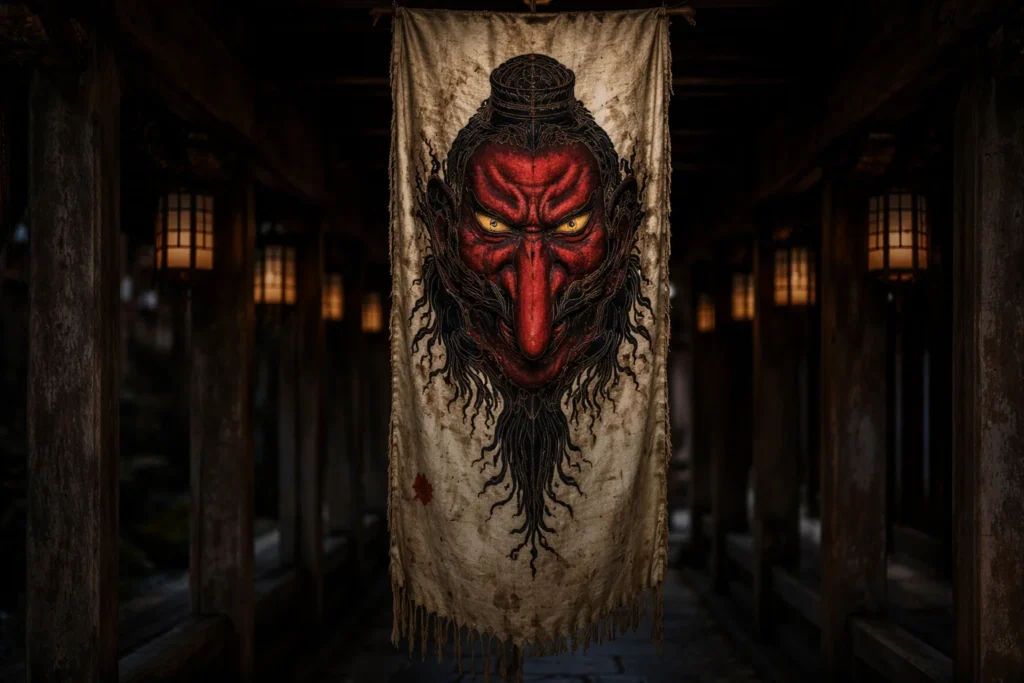 banner embroidered with a Tengu mask design