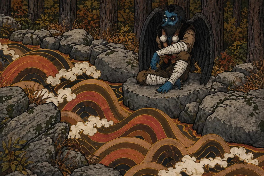 A blue-skinned Tengu with black wings sitting on a rock by a stylized Japanese river in a dense forest.