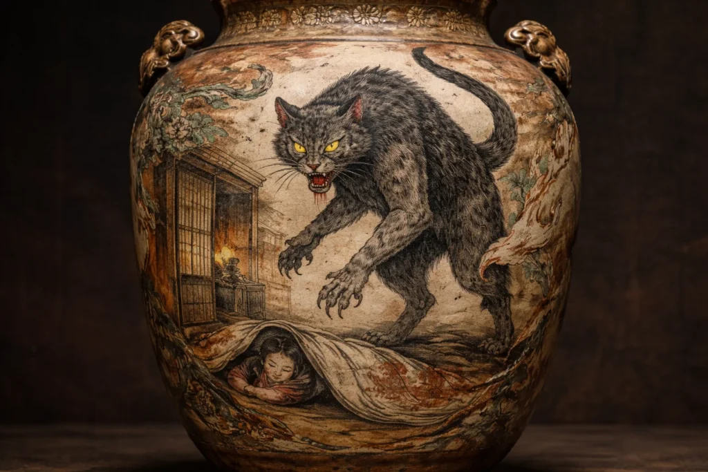 A ceramic Edo-period vase featuring a wrapped illustration of a Bakeneko stalking a household