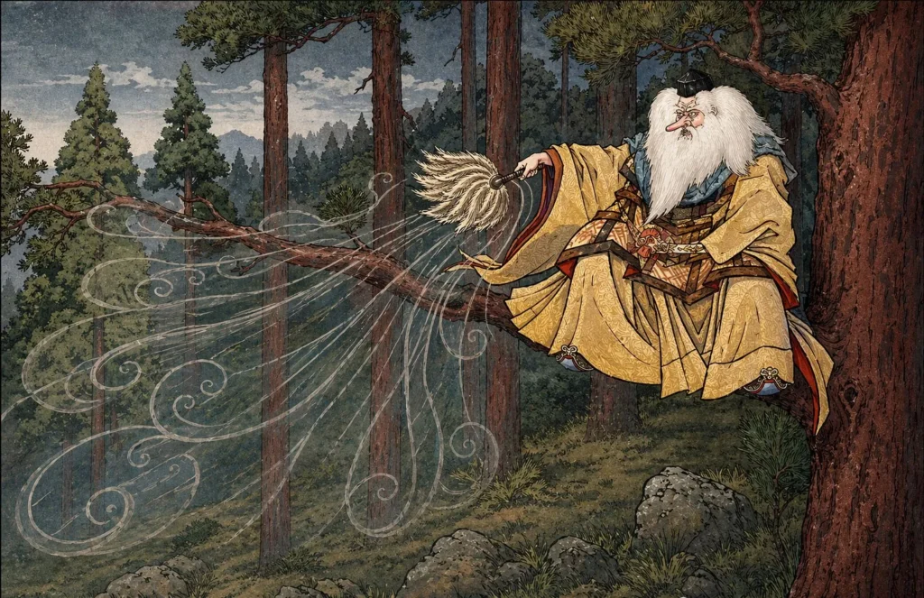 An elderly Daitengu with a long nose and white beard using a feather fan to control the wind.