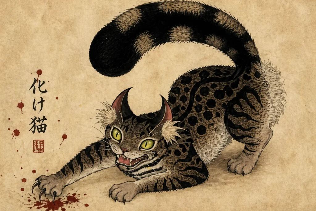 Stylized Japanese demon cat Bakeneko with striped fur and blood splatters on parchment.
