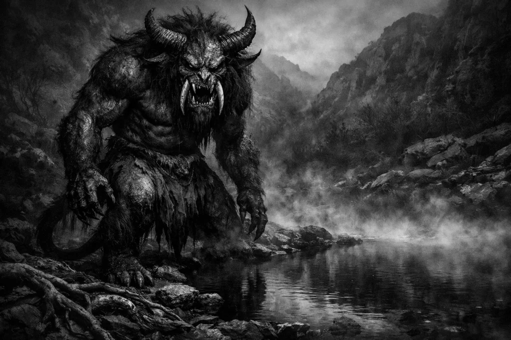 a div standing beside a still mountain spring